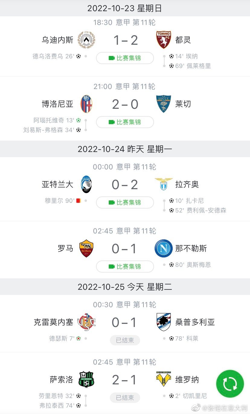 意甲比赛结果比分查询