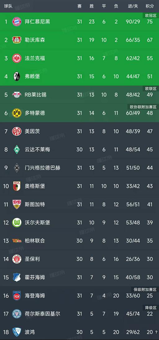 2024-25德甲积分榜最新详情