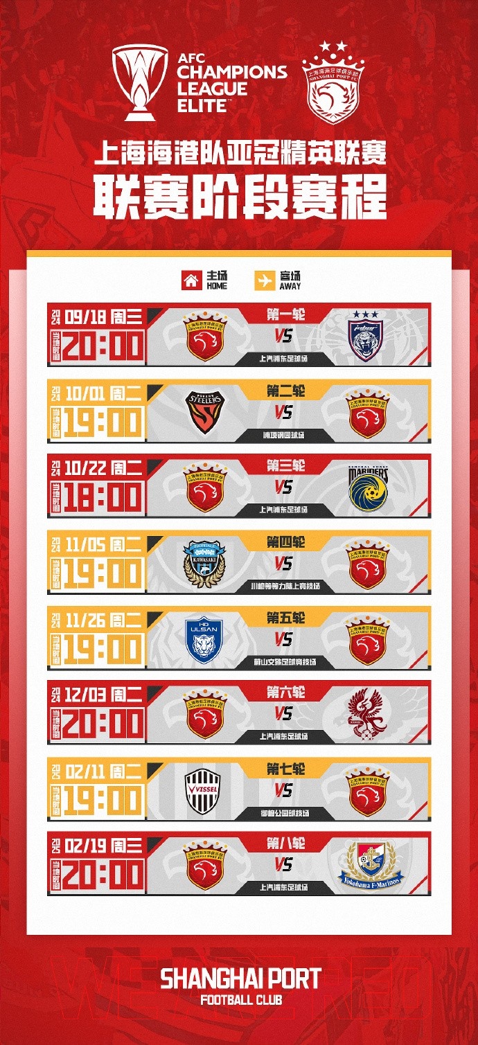 上海海港2024亚冠赛程 上海海港2024亚冠赛程