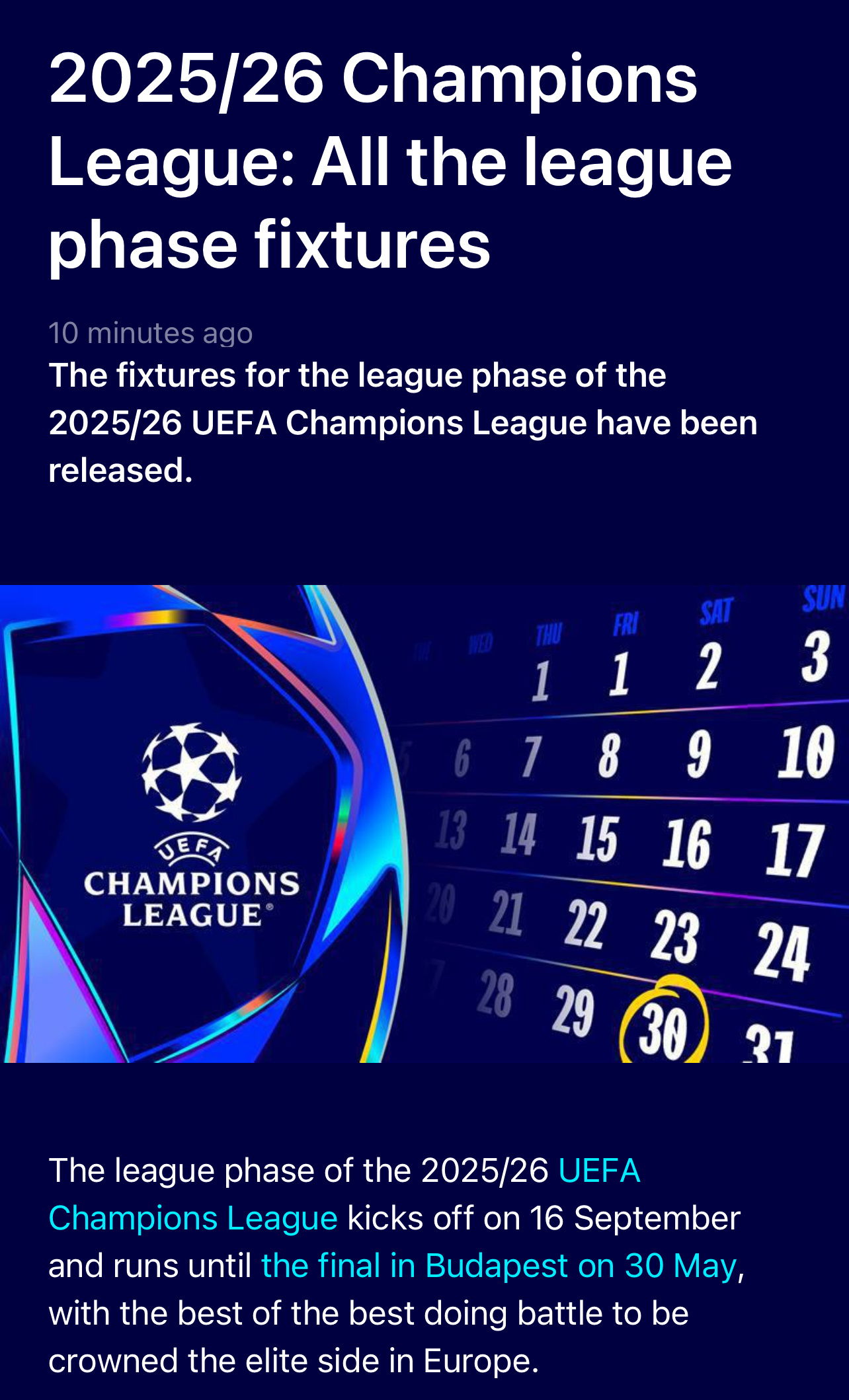 2024-2025欧冠赛程时间安排