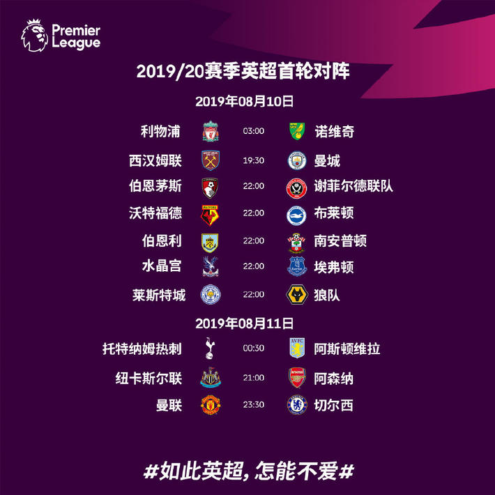 今晚英超具体比赛场次及对阵双方，一场都不容错过