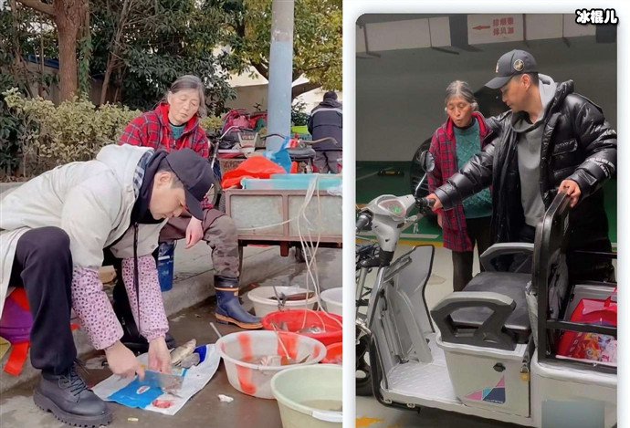演员李飞街头帮妈妈卖鱼