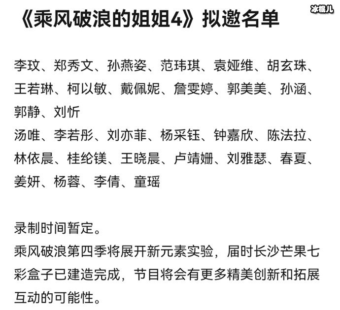 网传乘风破浪的姐姐4拟邀名单