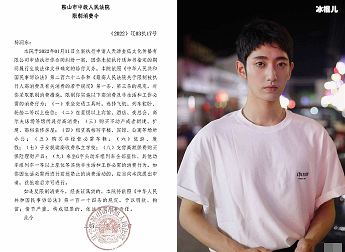 杨昊铭被限制高消费原因