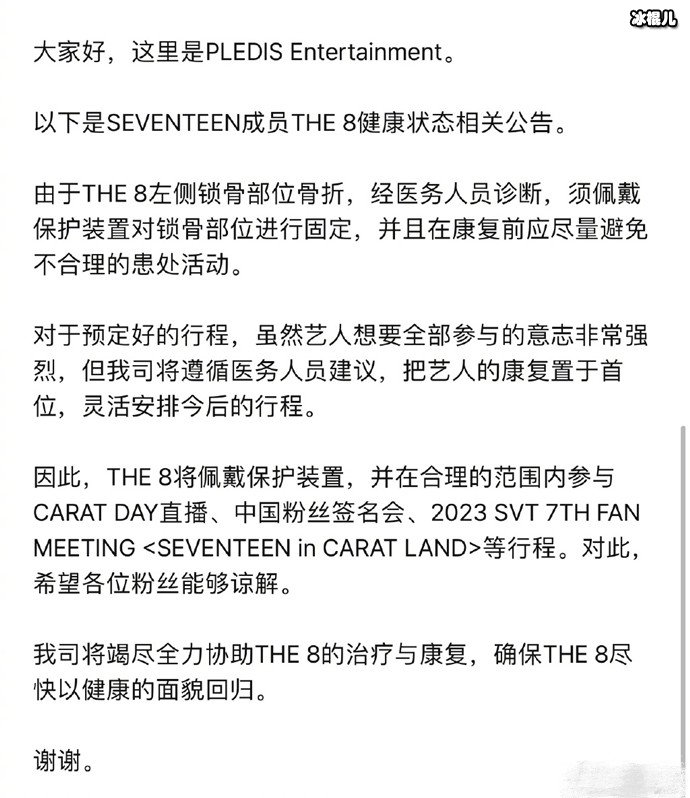 Pledis就徐明浩锁骨骨折发公告